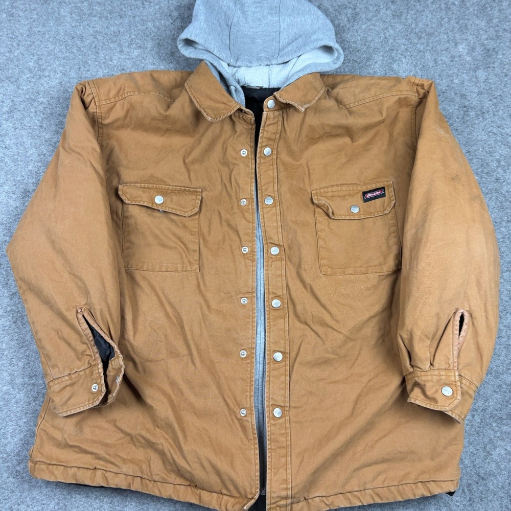Dickies Hooded Canvas Jacket Mens Large Tan Brown Quilted Lined Workwear Coat - Picture 3 of 11